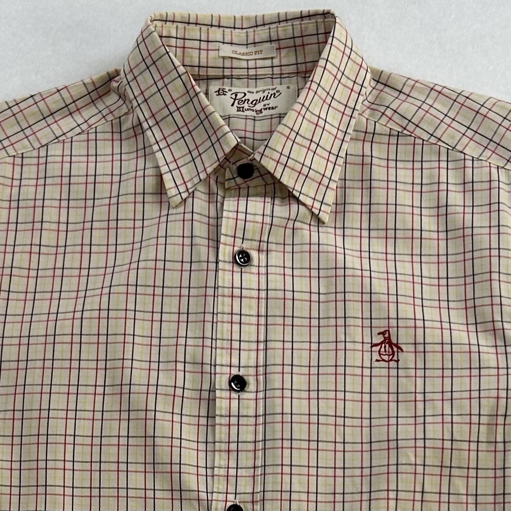 Penguin By Munsingwear Heritage Slim Fit Cream Red Blue Plaid Button Shirt Sz S